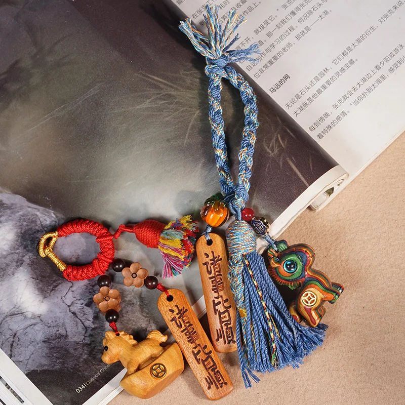 Gold Sandalwood Carved Pendant Zodiac Horse Tassel Amulet for Good Luck and Peace with Braided Rope Keychain Bag Hanger