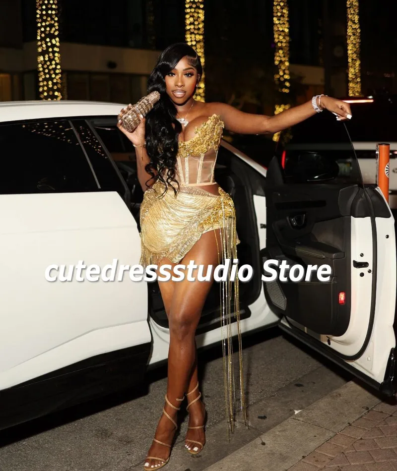 African Birthday Party Dress For Women Luxury 2024 Gold Rheinstone Short Prom Gown Customized Night Club Outfit Vestidos De Gala