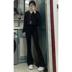 Black Jeans For Women Autumn 2024 High Waisted Micro Flared Pants Korean Fashion Slim Pants Elegant Office Ladies Tights Y2k