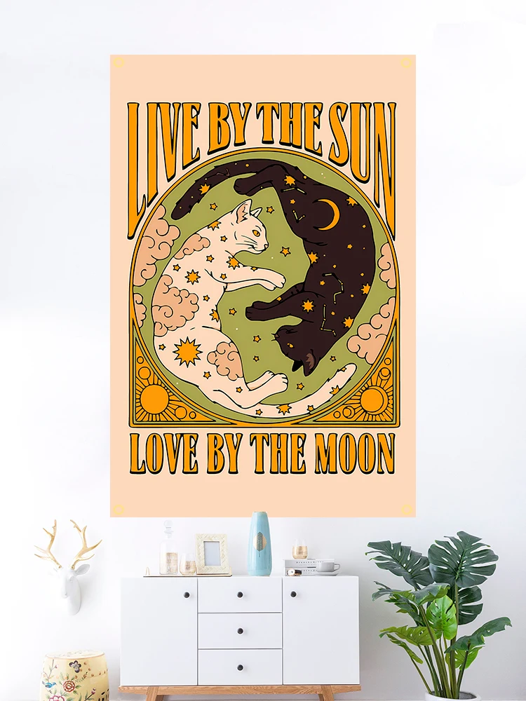 3Jflag 90x150cm Psychic Moon Cat Tarot Wandteppich Heimdekoration-Retro Schwarz-Weiß-Katze Wandbehang