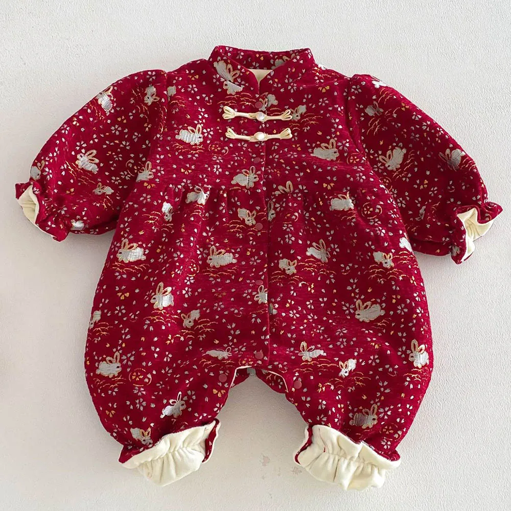 First Christmas Baby Girl Romper Velvet Thick Warm Winter Chinese Traditional Clothes Red Color New Year Baby Jumpsuits