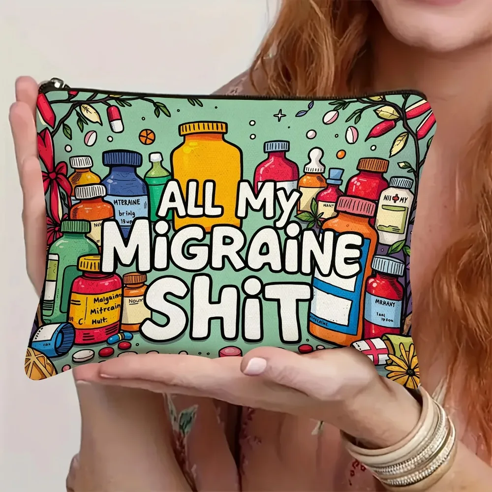 

Забавная косметичка с дизайном «All My Migraine Shit» — прочная, устойчивая к выцветанию сумка на молнии для лекарств от мигрени