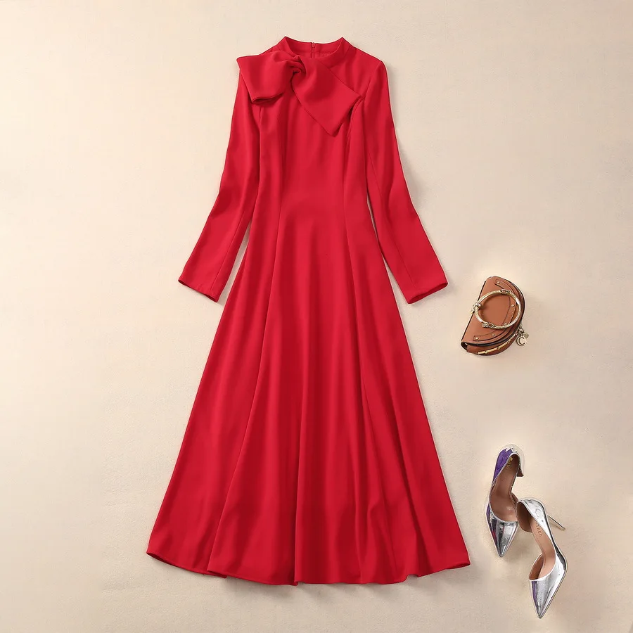 Europe and the United States women's 2024 summer new Stand collar Long sleeve red bow Fashion pleated dress XXL