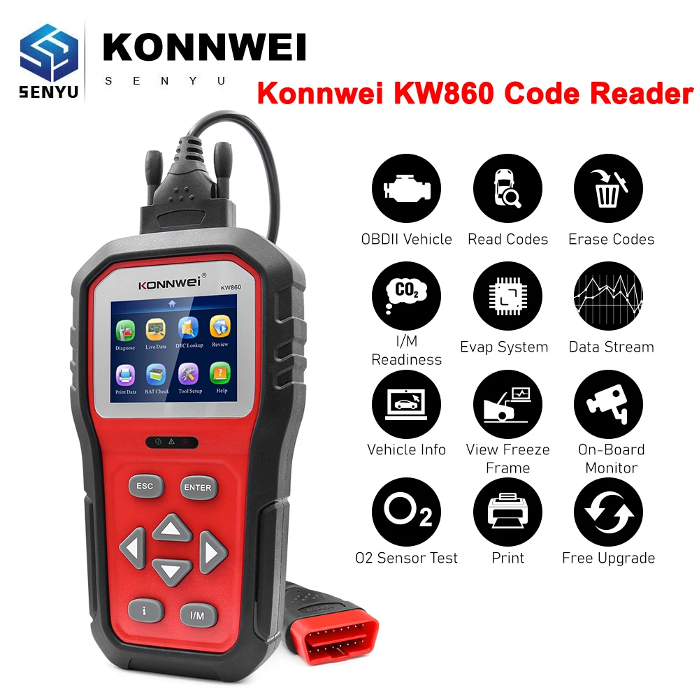 KONNWEI KW860 ODB2 Scanner Full ODB2 Functions Car Engine Fault Code Reader Tools Enhanced Live Data Stream Original Free Update