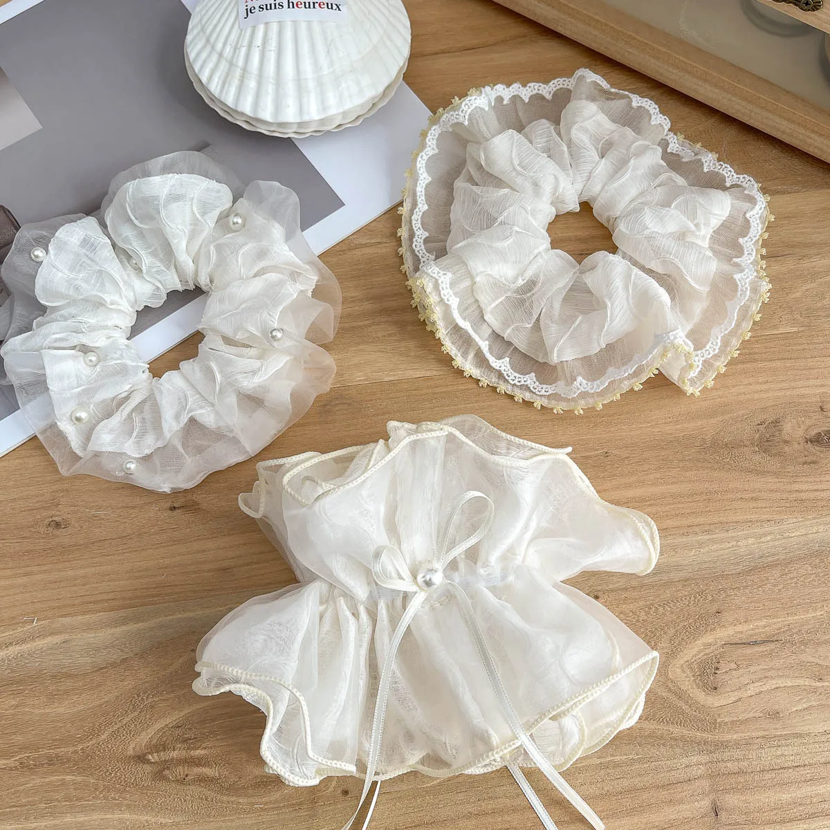 French Style Beige Lace Pearl Large Scrunchies Elastic Hair Band Girl Hair Rope Tie Ponytail Holder Rubber Band Hair Accessories