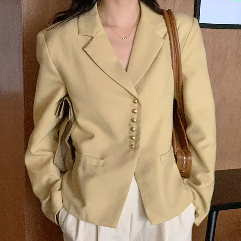 

Chic Vintage Gentle Collar Design Metal Button Loose Long Sve Open Cardigan Small Suit Jaet for Women Autumn Faion