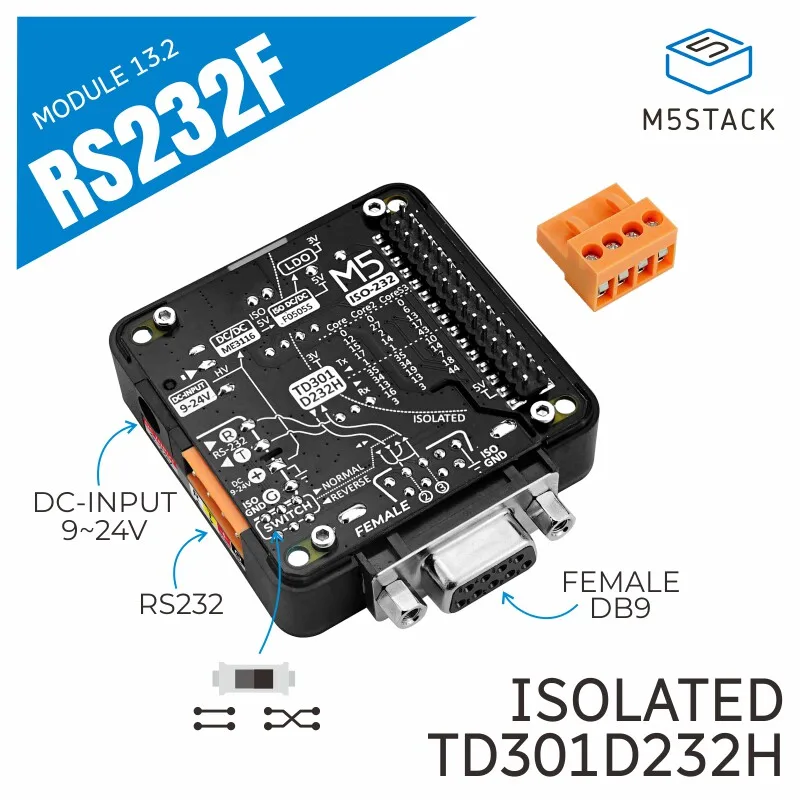 M5Stack Official RS232F Serial Communication Module with Isolation Mother Head DB9 Interface for Industrial Use