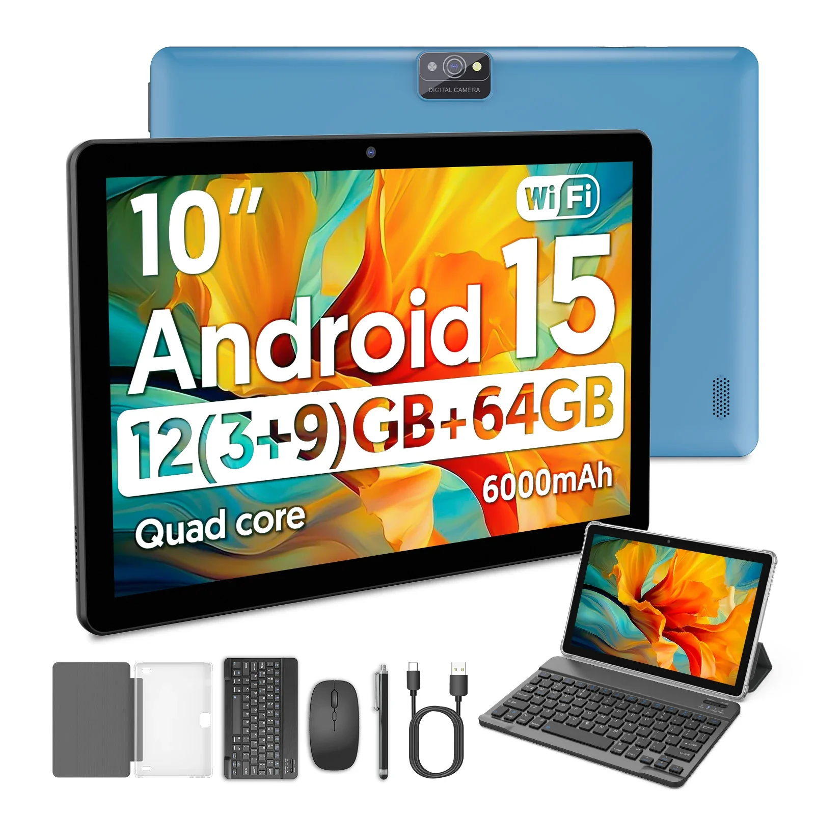 Nueva tableta BAKEN Android 15 de 10 pulgadas con almacenamiento de 64 GB, teclado, funda de cuero, ranura para tarjeta SIM, lápiz óptico, ratón y altavoces duales