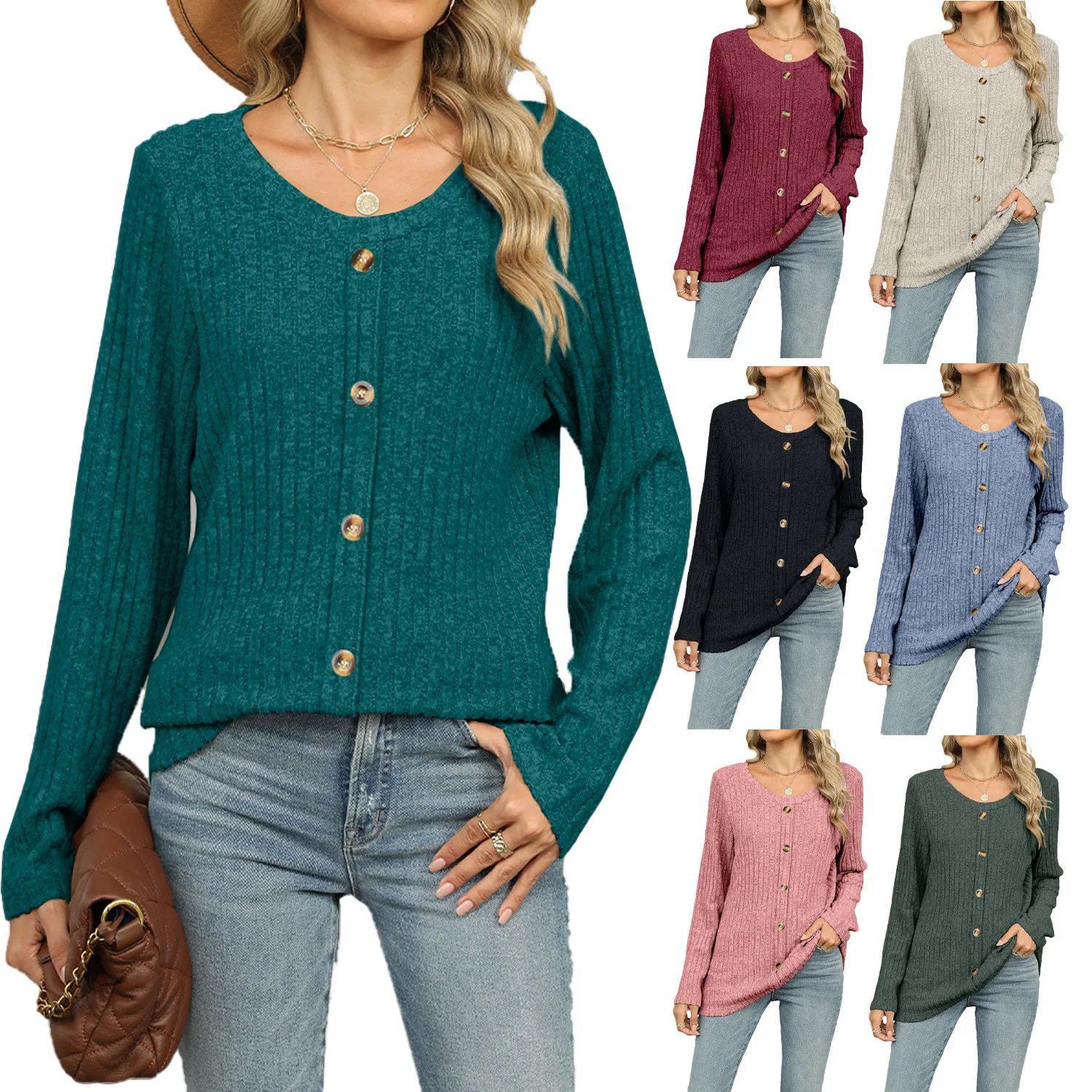 

Women's Ribbed Knit Round Neck Cardigan Long Sleeve Metal Button Loose Fit Sweater Top for Casual Daily Office Commute Wear