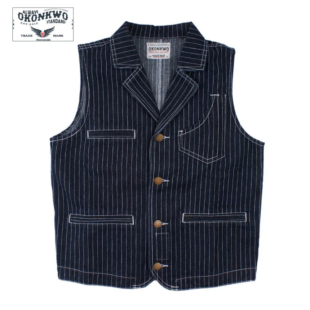 Striped Denim Vest Men Lapel Motorcycle Vest Multi Pocket Hunting Waistcoat Outdoor Trekking Hiking Work Travel Autumn Winter