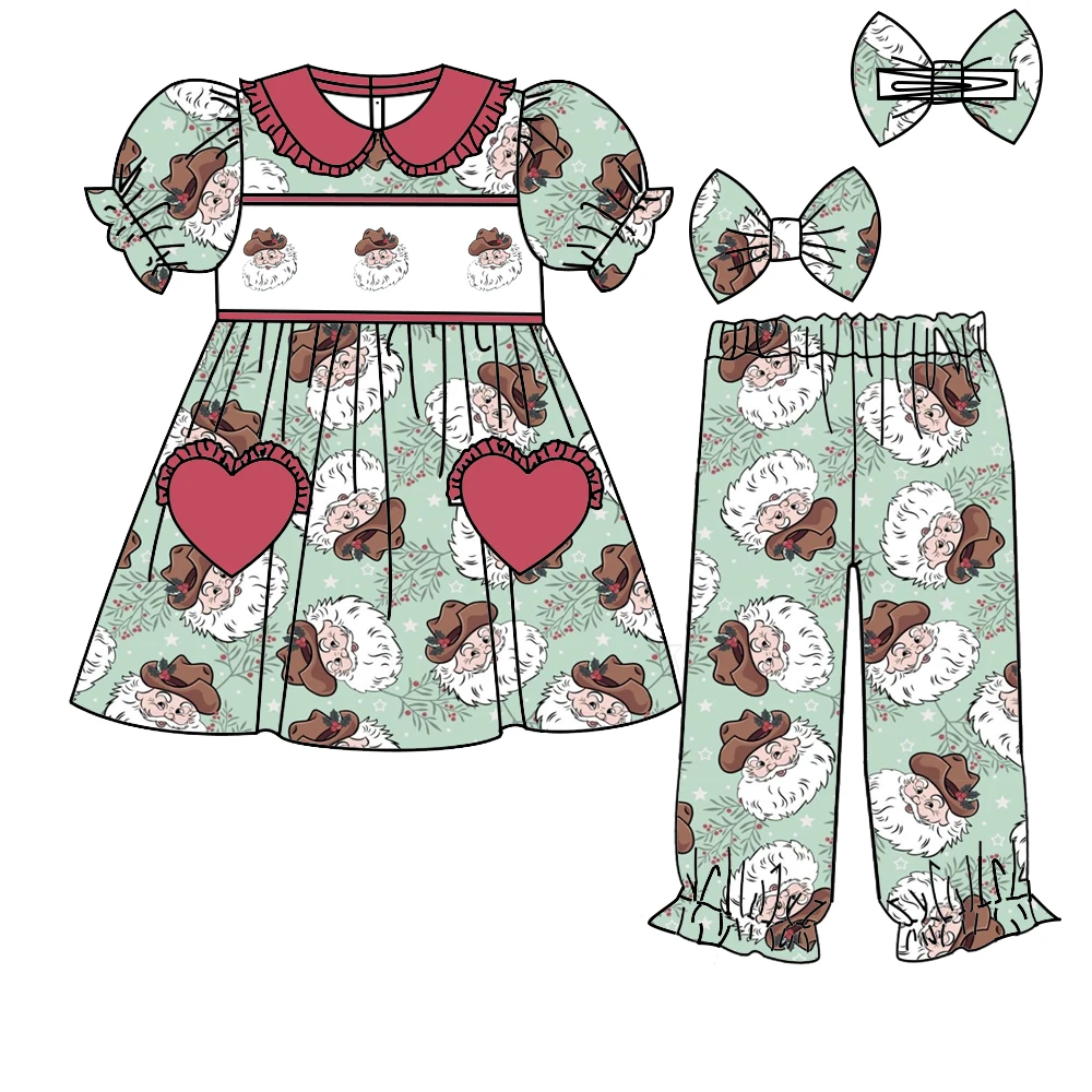 

Christmas boutique children's suit short sleeve elastic cartoon hat printed trousers girls boys pajamas set 2 pieces