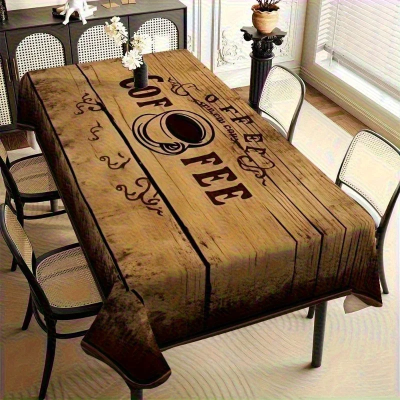 Retro wood-grain coffee pattern printed rectangular tablecloth for dining table