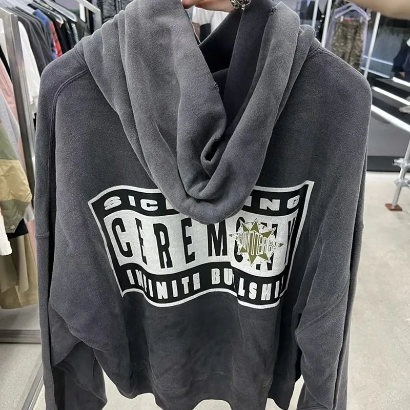 Winter Vinatge Saint Hoodie Kangaroo Pocket Casual Letter Print Distressed Washed Black Hooded Sweatshirt Men Women Streetwear