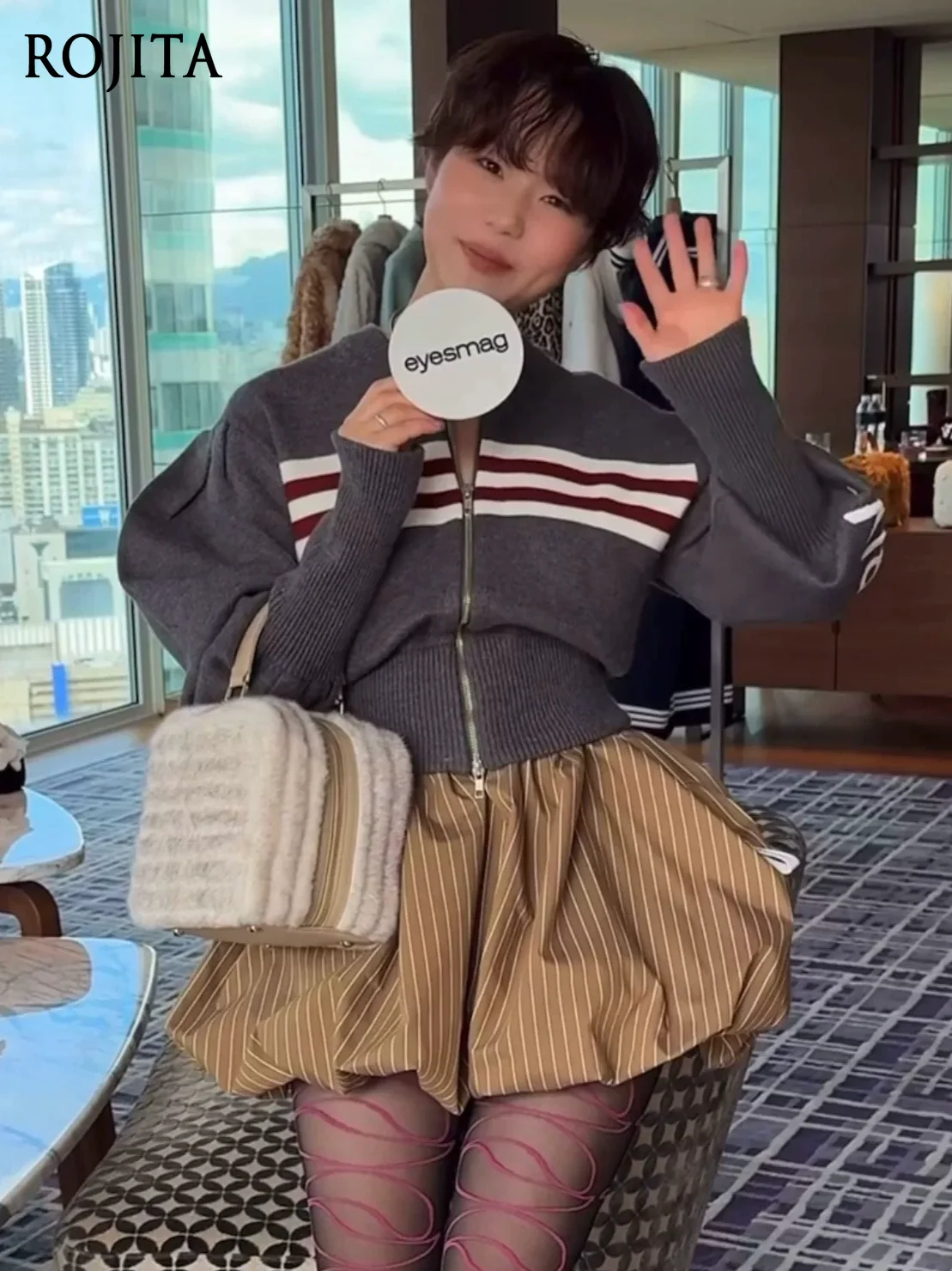 Sweet Retro Preppy Style Striped Balloon Mini Skirt Sweet Casual High‑waist Vertical‑stripe Balloon Bubble Mini Skirt