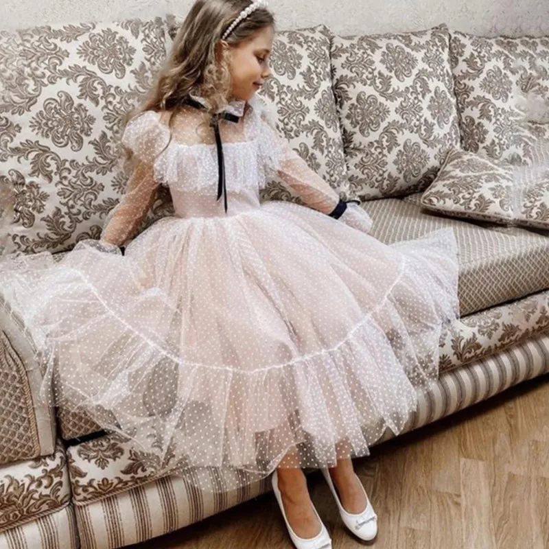 Baby Girl Princess Bow Tutu Dress Long Sleeve Toddler Child Dot Tulle Dance Vestido Birthday Wedding Party Baby Clothes 2-13Y