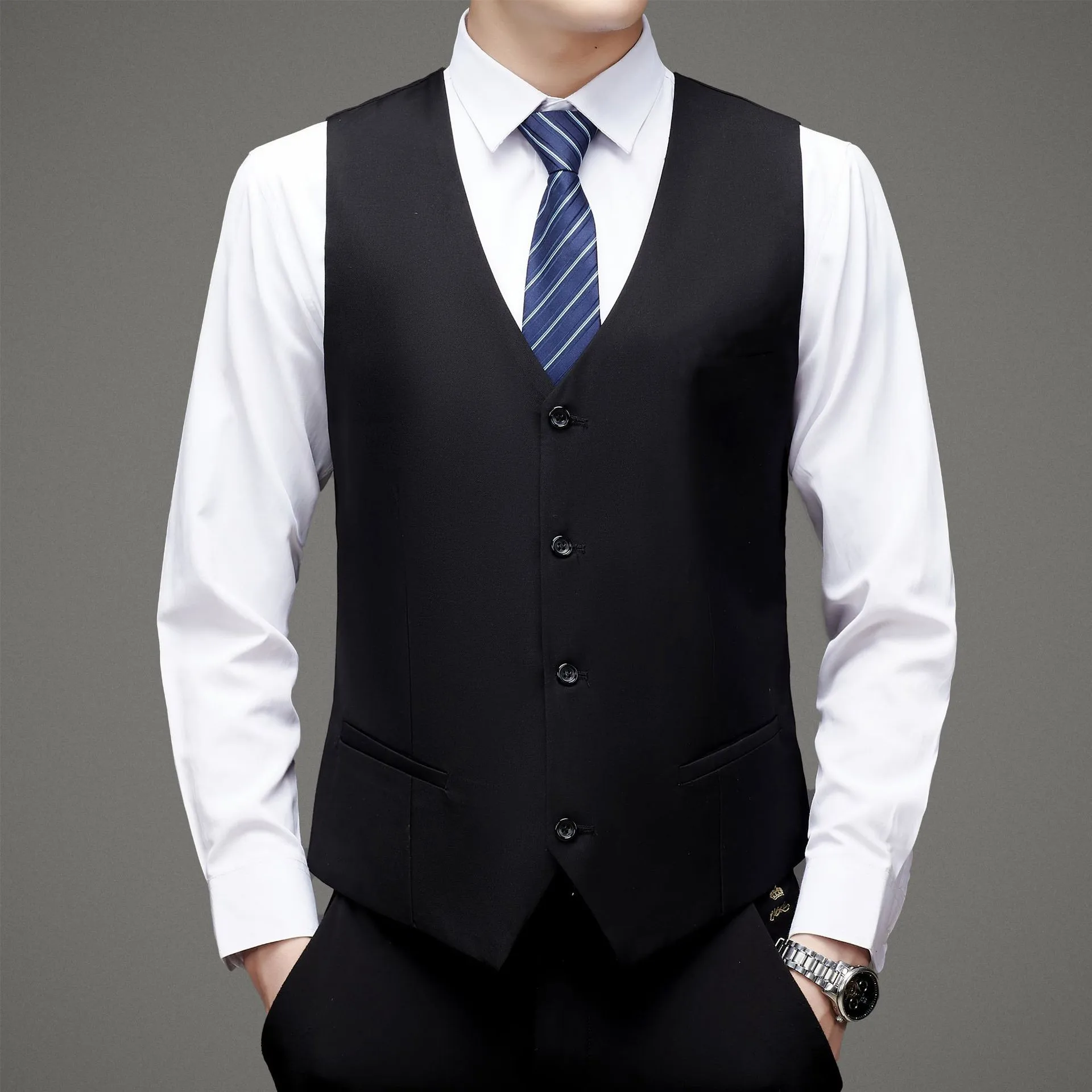 Mens Waistcoat Single Breasted Slim Fit Gilet Homme Sleeveless  Work Clothing Suit Male Business Dress Vest