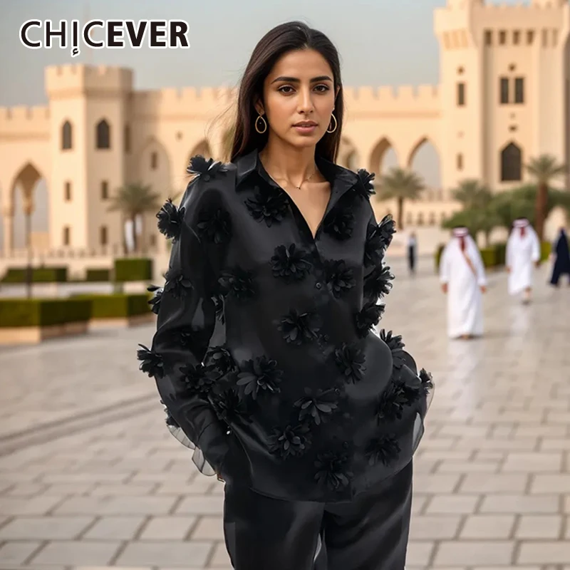

CHICEVER Solid Patchwork Appliques Blouse For Women Lapel Long Sleeve Spliced Single Breasted Loose Casual Shirts Female Clothes