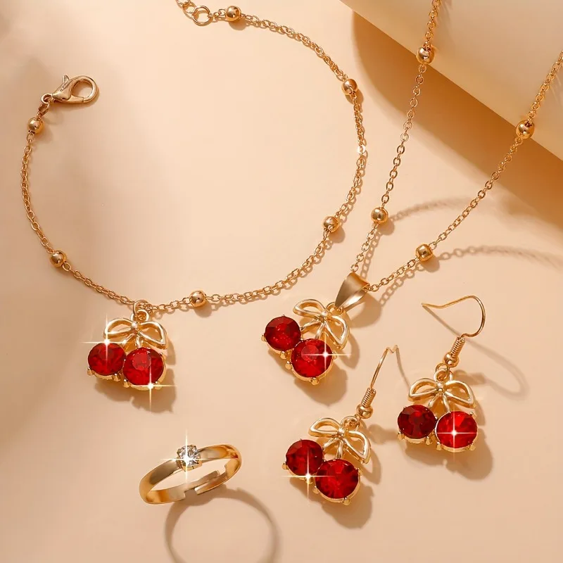 Sweetness Cute Metal Delicacy Red Cherry Pendant Necklace Set for Women Wedding Party Jewelry Sets Birthday Gifts