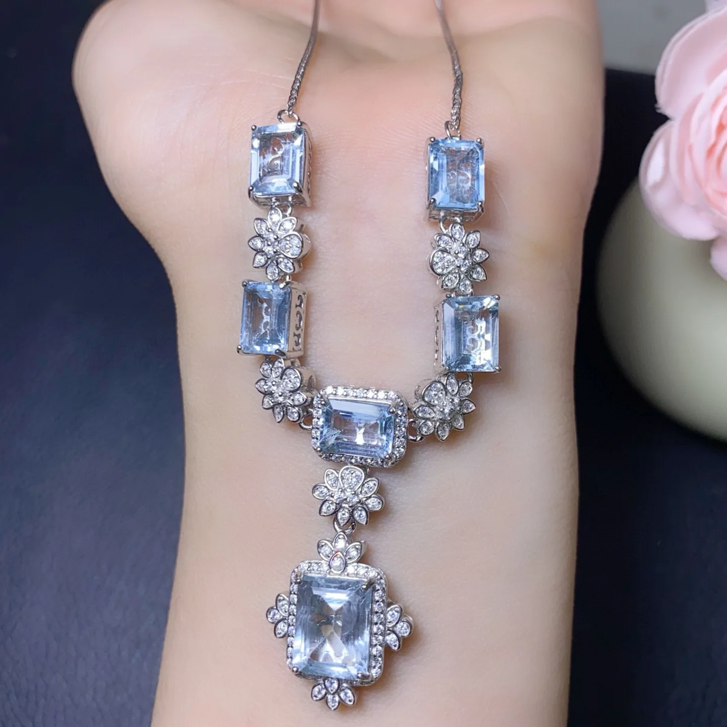 

Natural Aquamarine Necklace, 8x10mm & 6x8mm Main Stones S925 Silver Fine Setting, Ocean Gemstone Jewelry Gift for Women