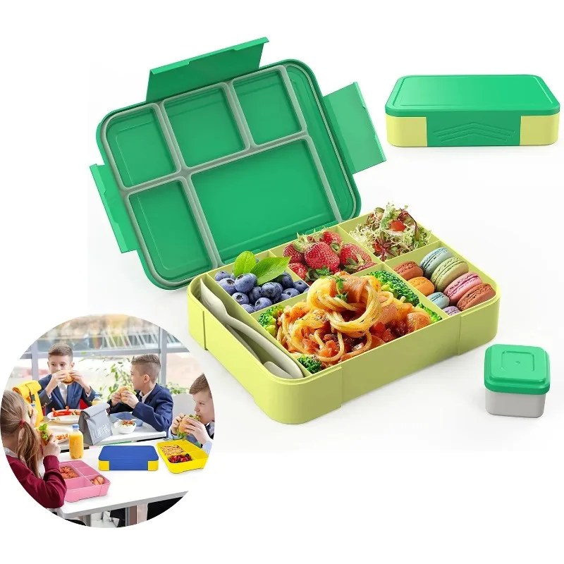1330 ml Bento-Lunchbox für Kinder, Erwachsene, Kleinkinder, 6 Fächer mit Geschirr, Saucentöpfe, buntes Design, Behälter für die Zubereitung von Mahlzeiten, praktisch