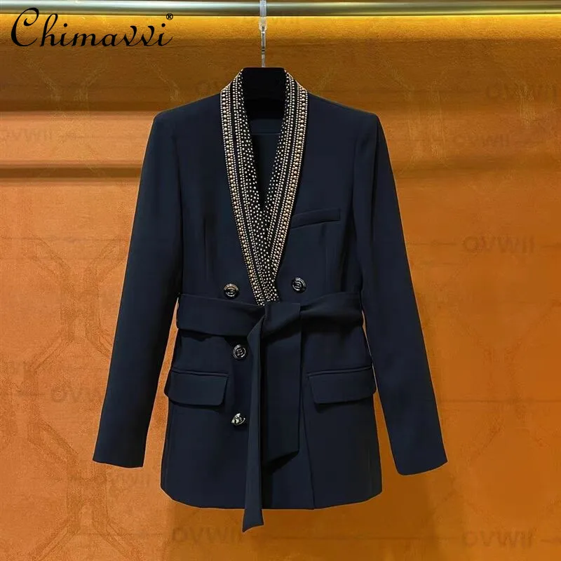 

Autumn High-End Fashion Heavy Gold Stamping Belt Lapel Mid-Length Women Blazer OL Long Sleeve Slim Fit Black and White Suit Coat
