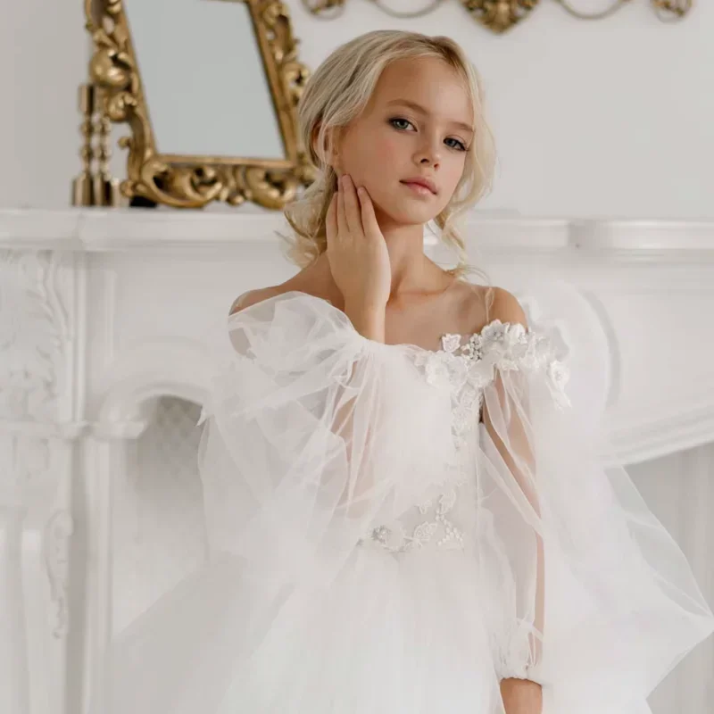 Vestidos de flores para niña, vestidos de primera comunión para fiesta de cumpleaños, tul blanco, patrón de flores hinchadas con lazo, manga larga para boda