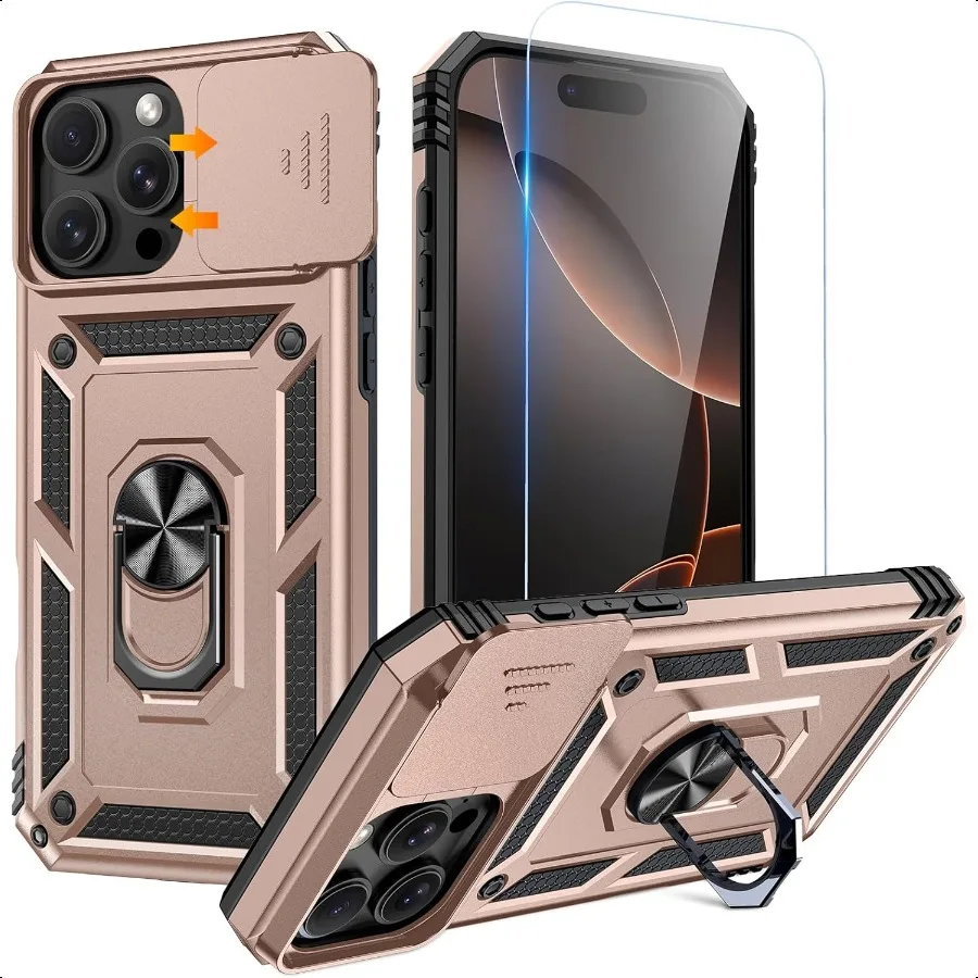 

Goton Compatible for iPhone 16 Pro Max Case with Screen Protector Slide Camera Cover Protective Phone Case with Ring Stand Heav