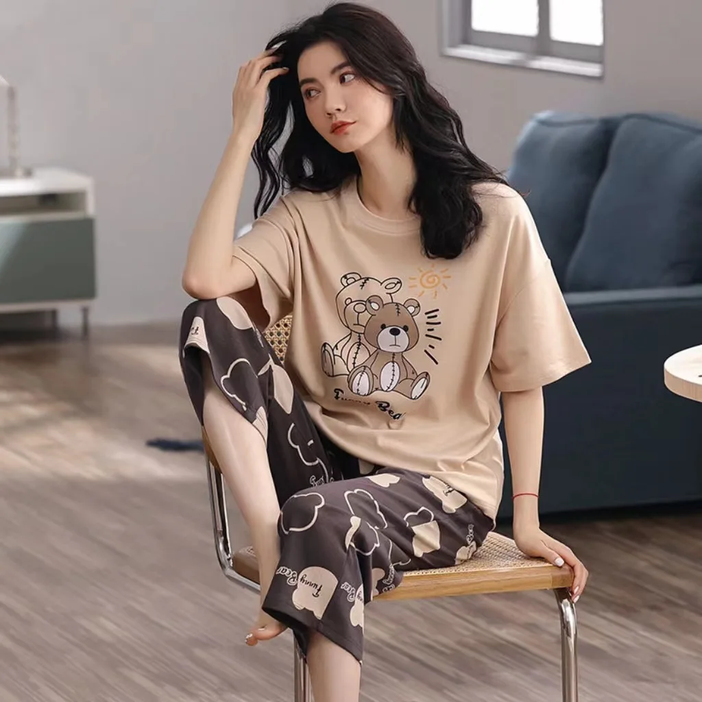 Women's Summer Minimalist Korean-Style Cartoon Oversized Loungewear Women's Pajama Set Short-Sleeve Pajamas