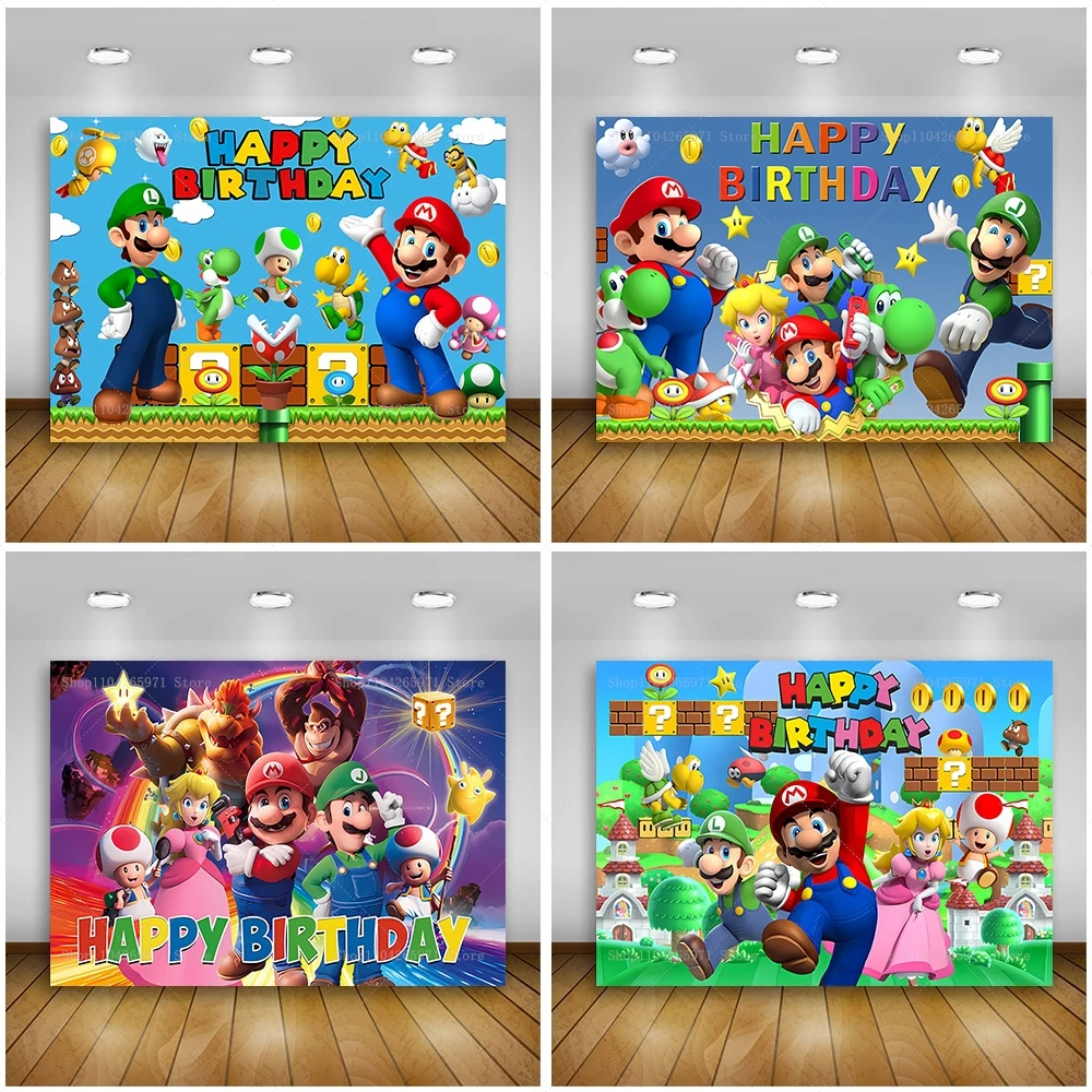 Décorations de toile de fond Super Mario Bros pour fête, bannière d'anniversaire thème jeu de défi pour garçons, accessoire de fond de studio photo pour baby shower
