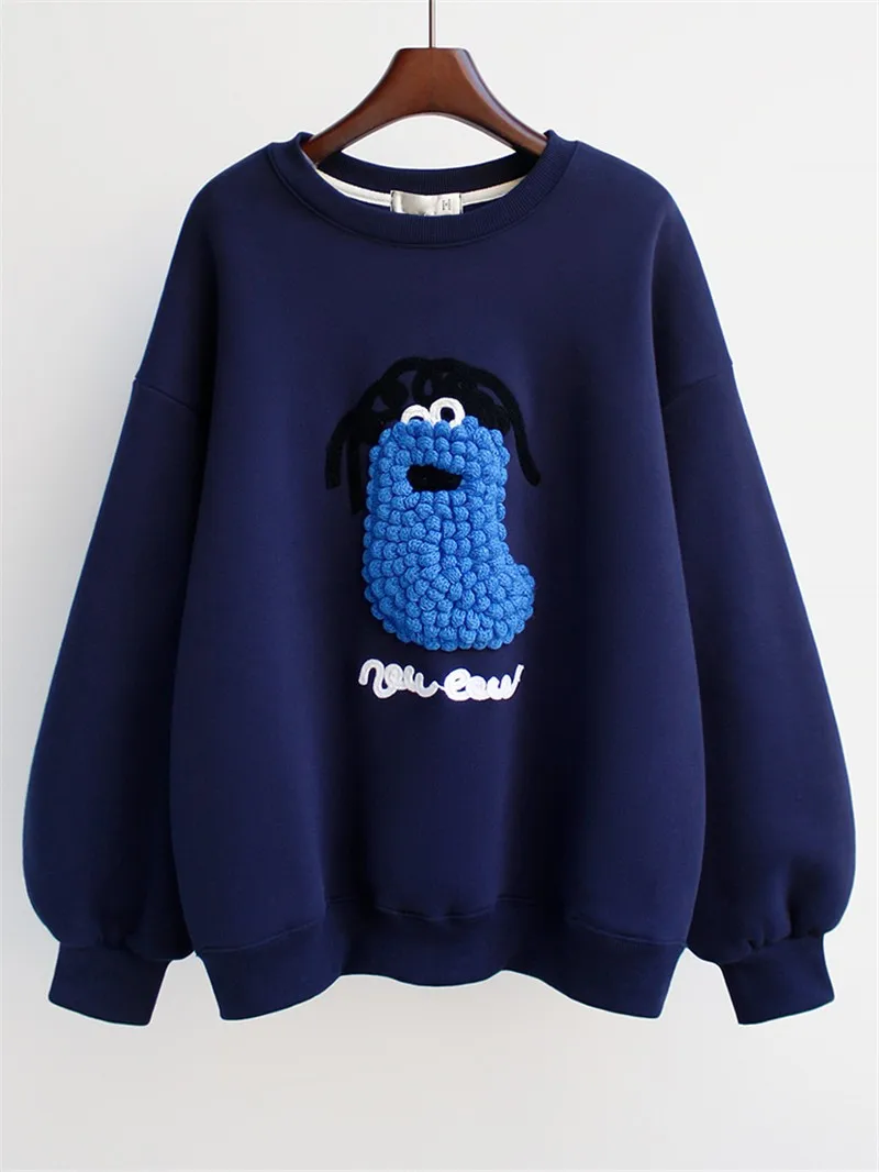 

Ladies' Lazy Style Fleece Lined Thickened Hoodie Cartoon Decorative 3D Embellishment Comfortable Cotton Long Sleeve Crew Neck...