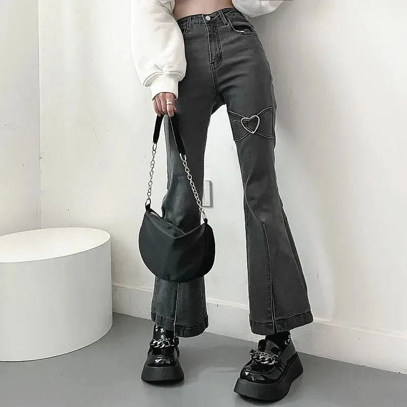 

2023 Winter Warm Velvet Washed Grey Korean Y2k Fashion Slim Flare Jeans Pants For Women Clothes Casual Kpop Dress Lady Trousers