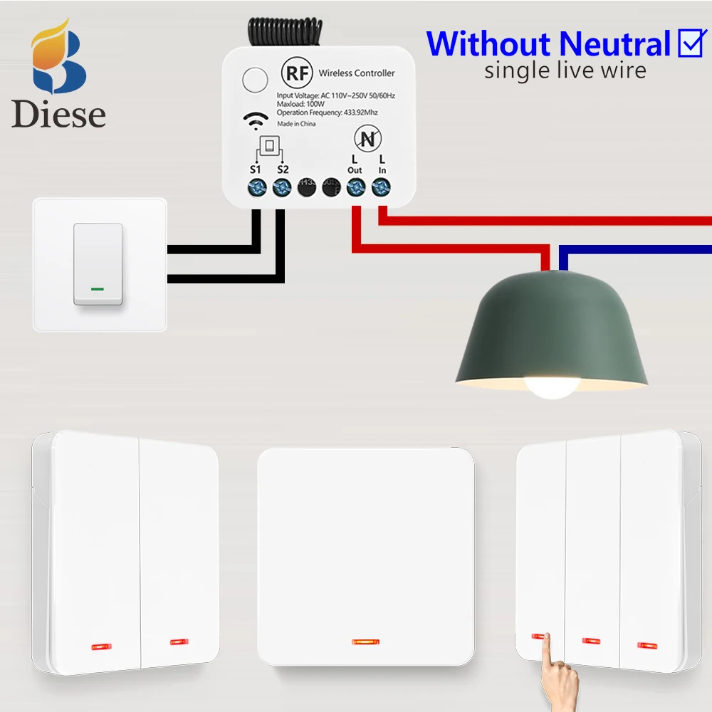 Fil de feu unique, pas besoin de câblage neutre, AC110V 220V, télécommande sans fil, interrupteur d'éclairage intelligent, récepteur de relais pour lumière Led domestique
