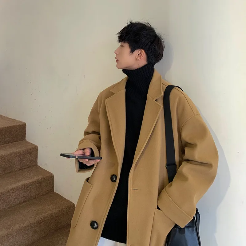 

New Autumn Winter Copy Woolen Overcoats Men Loose Trendy Mid-length Trench Coats Korean-style Casual Khaki Jackets Are Trendy