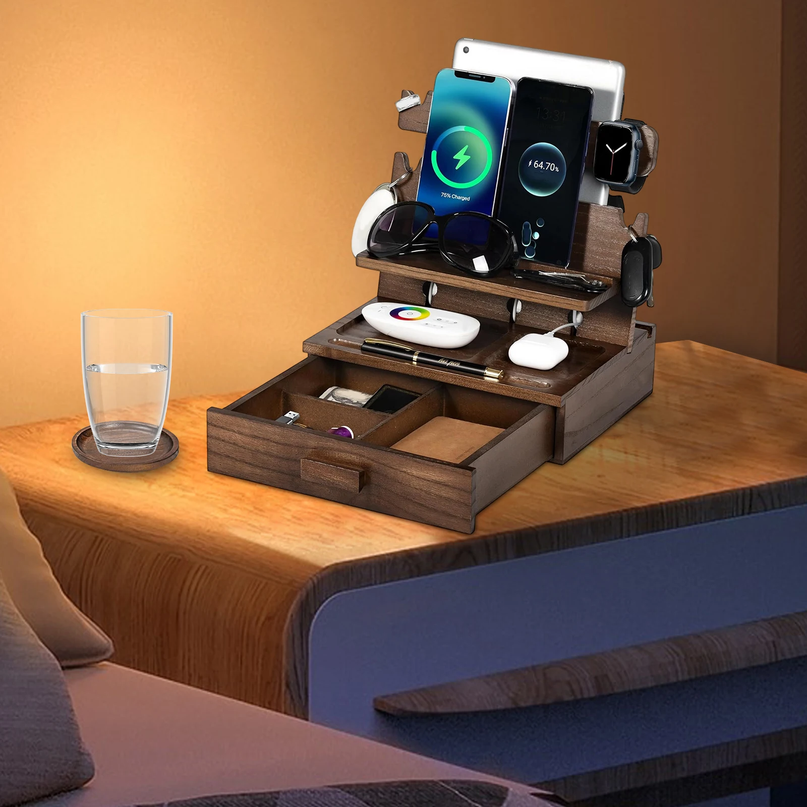 Wood Phone Docking Station with Drawer Key Holder Stand Watch & Accessories Gifts for Men Women Husband Son Boyfriend Him view 4
