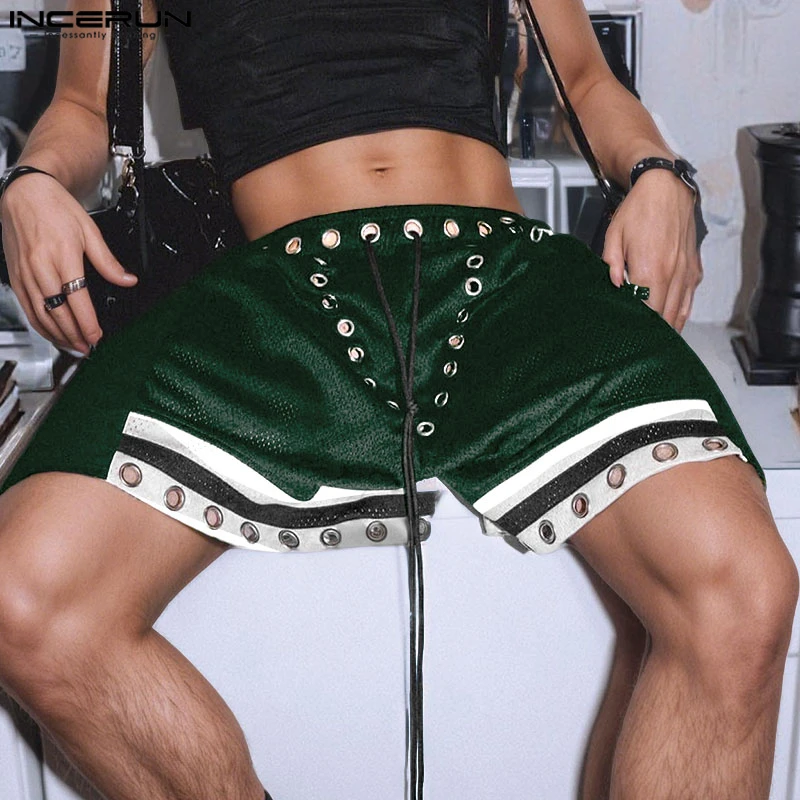 

INCERUN Men Shorts Mesh Patchwork Lace Up See Through Summer Men Bottoms Streetwear Loose 2025 Fashion Casual Male Shorts S-5XL