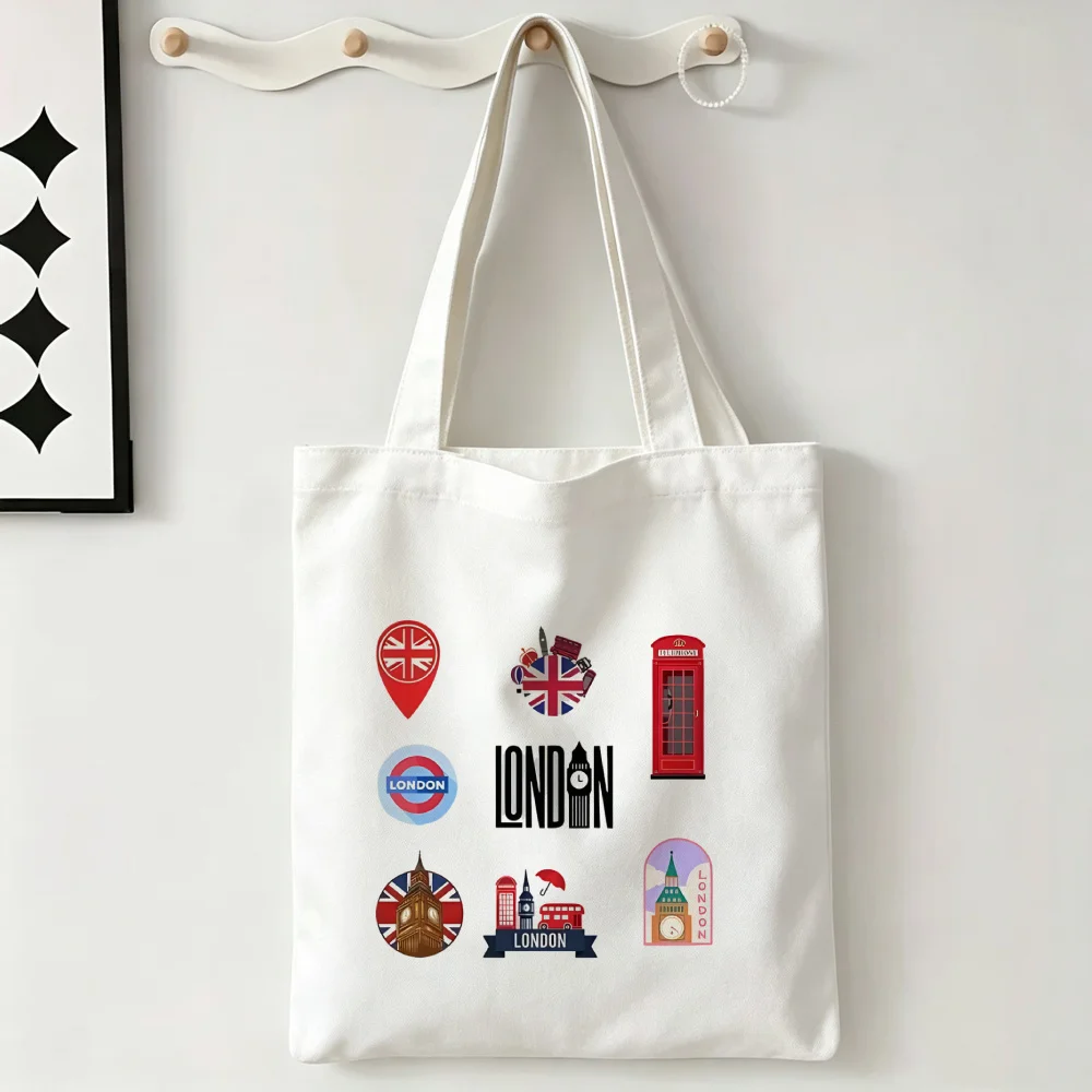 1Pc or Set Optional London Print Canvas Tote Bag British Style Shoulder Handbag Large Capacity Reusable Yoga Gym Shopper
