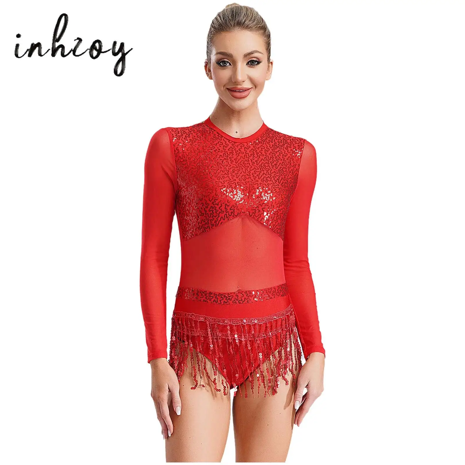 

Women Jazz Latin Dance Dress Shiny Sequins Tassel Long Sleeve Open Back Mesh Patchwork Dress Ballroom Performance Competition