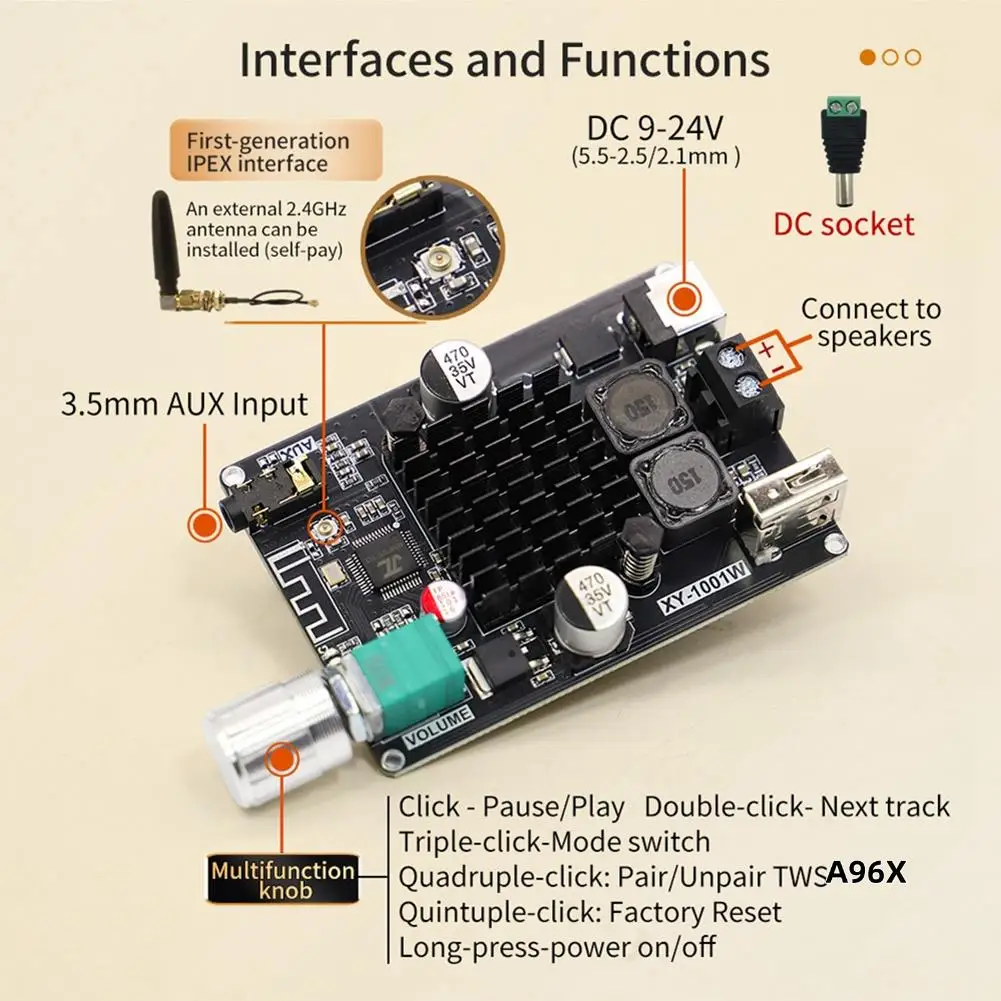 

XY-1001W Bluetootooth Amplifier Board 100W Mono High Power Audio Module TPA3116 Sound Power Amplifier Module