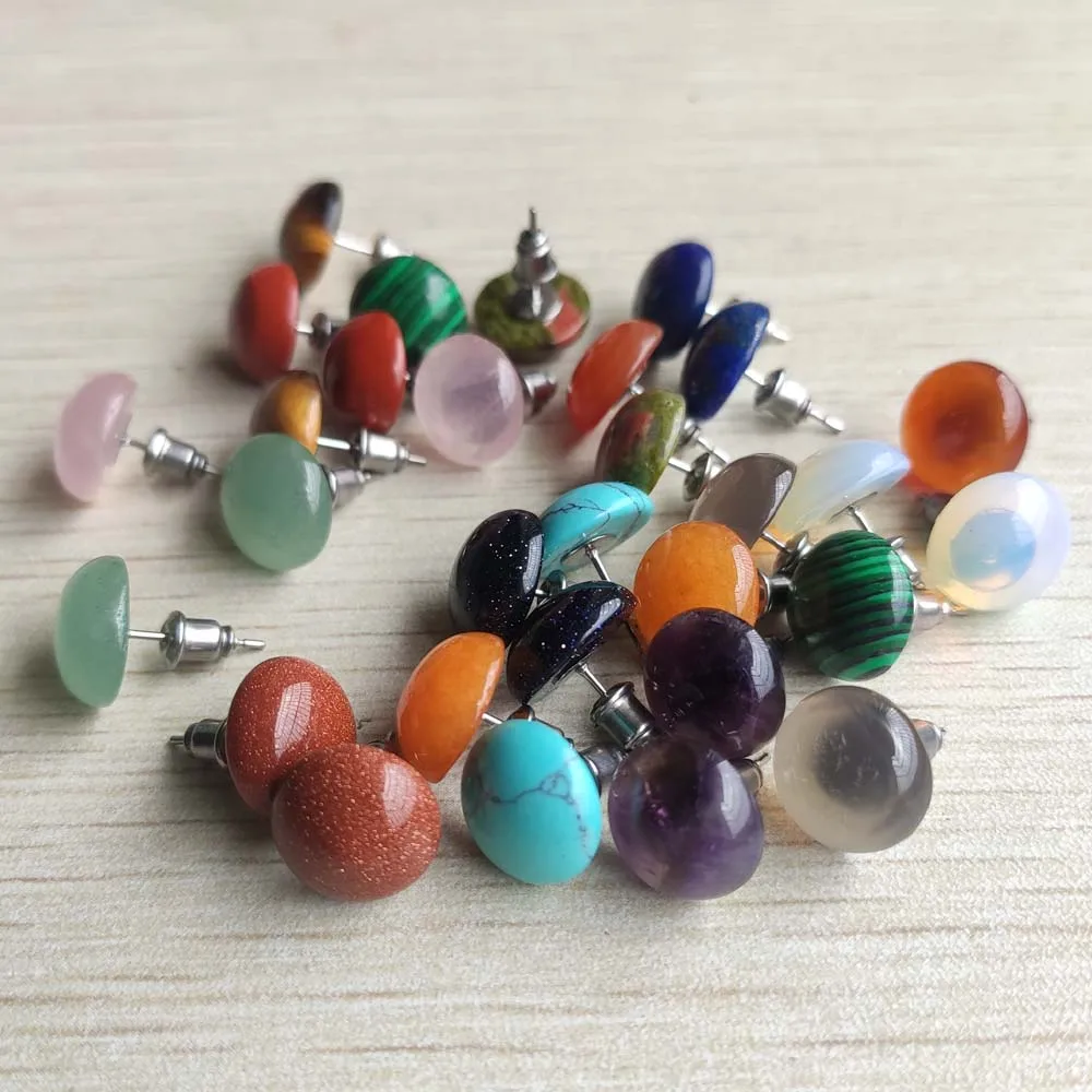 Fashion 10mm 12mm Natural Stone Mix Round Beads Silver Color Stud Earrings for Women Cute Small Wholesale 12 Pair Fast Shipping