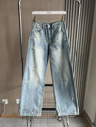 Z1975 mid-waist straight cut ripped jeans traf 2024 New Wash Process Soft Fabric Everyday casual 5 pocket jeans for women