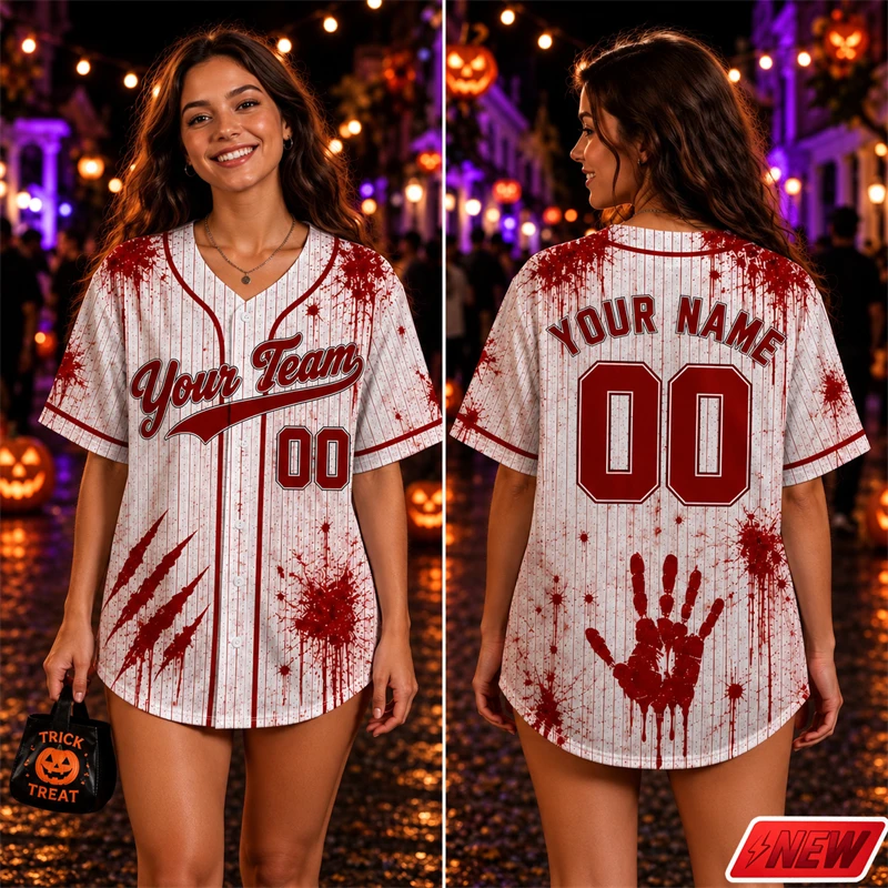 Halloween Horror Custom Name Baseball Jersey Men Short Sleeve Shirt 3d Print Blood Splatter Pattern Unisex Party Casual Tops
