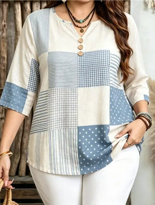 Patchwork Plaid Striped Polka Dot Print Blouses Split Notch V Neck Three Decorative Buttons 3/4 Sleeve Casual Daily Women Tops