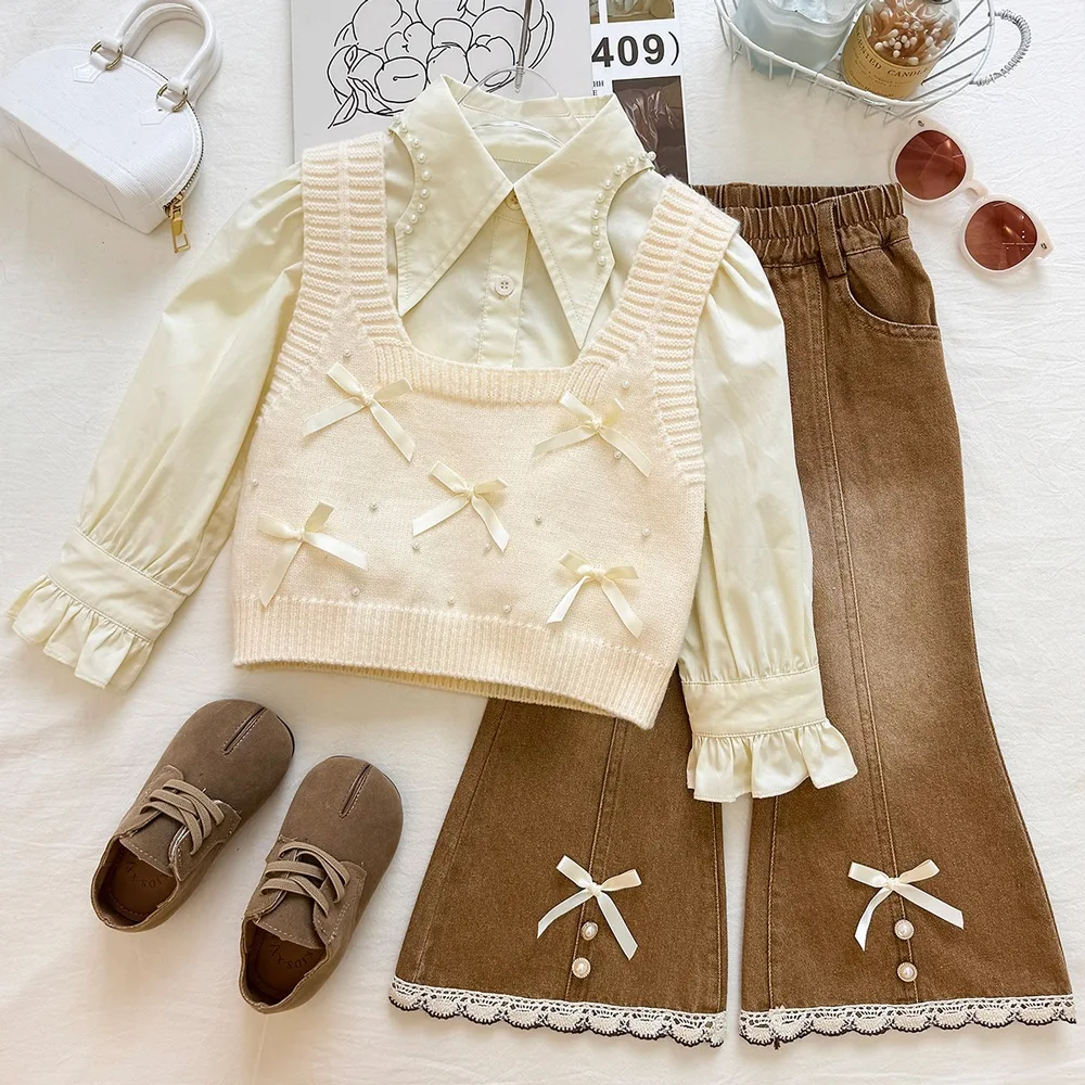Girls' Knitted Vest Three Piece Set Autumn Pearl Pointed Collar Shirt Three-dimensional Bow Vest Micro Flared Pants Set Trendy