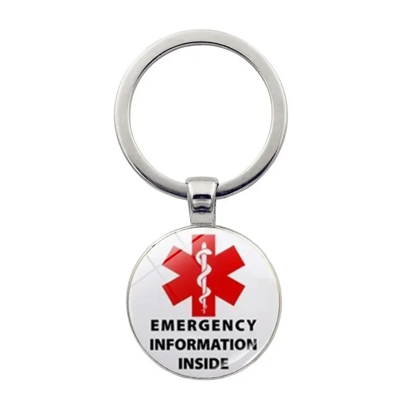 Diabetes Theme Commemorative Keychain Emergency Information Inside Glass Cabochon Keyring Doctor Nurse Car Key Ring Gift