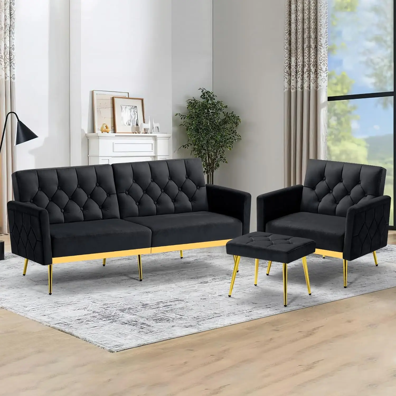 

Velvet Sofa Set w/Adjustable Armrests and Backrests, Tufted Accent Chair w/Ottoman, Convertible Futon Sofa Bed