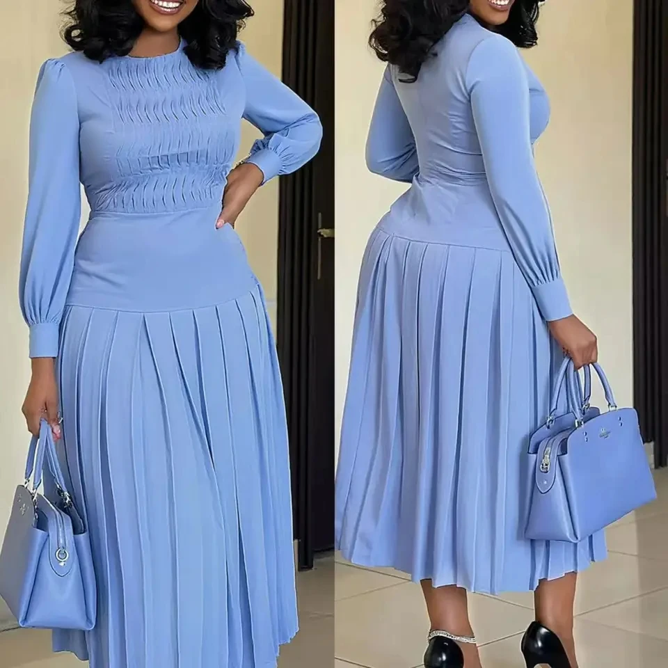 

2026 Spring Summer New Fashion Elegant Long Sleeve High Waist Pleated Solid Color Maxi Dress Women