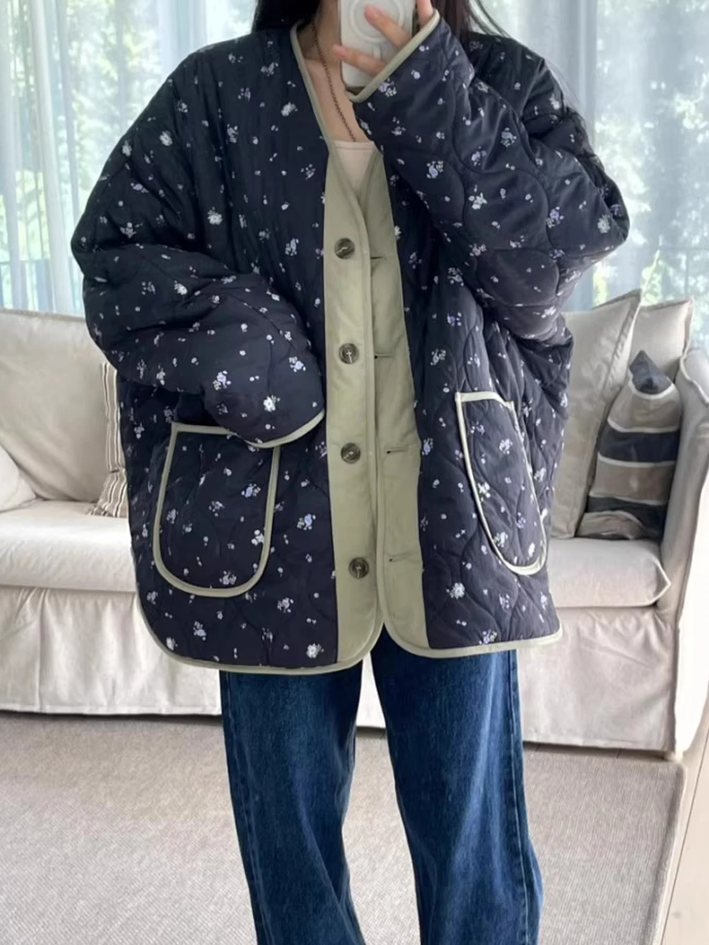 Stampa floreale Double-Sided Wear Cotton Jaet Donna Inverno Nuovo Sle Warm Top con doppi kets Coreano Loose Fit V-Ne