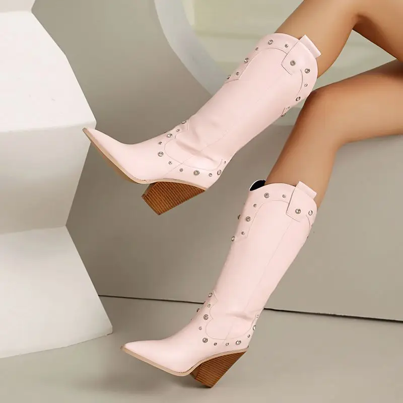 ORCHA LISA موضة حذاء برقبة للركبة أشار تو 9.5 سنتيمتر كعب مكتنز الانزلاق على الوردي الأسود حجم كبير 47 48 مثير الغربية يؤرخ نمط #4