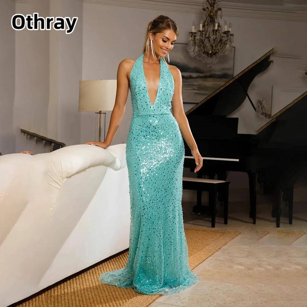 

Othray модное блестящее вечернее платье с v-образным вырезом и бретелькой на шее, блестками и открытой спиной, платье русалки без рукавов для выпускного вечера, robes de soiré