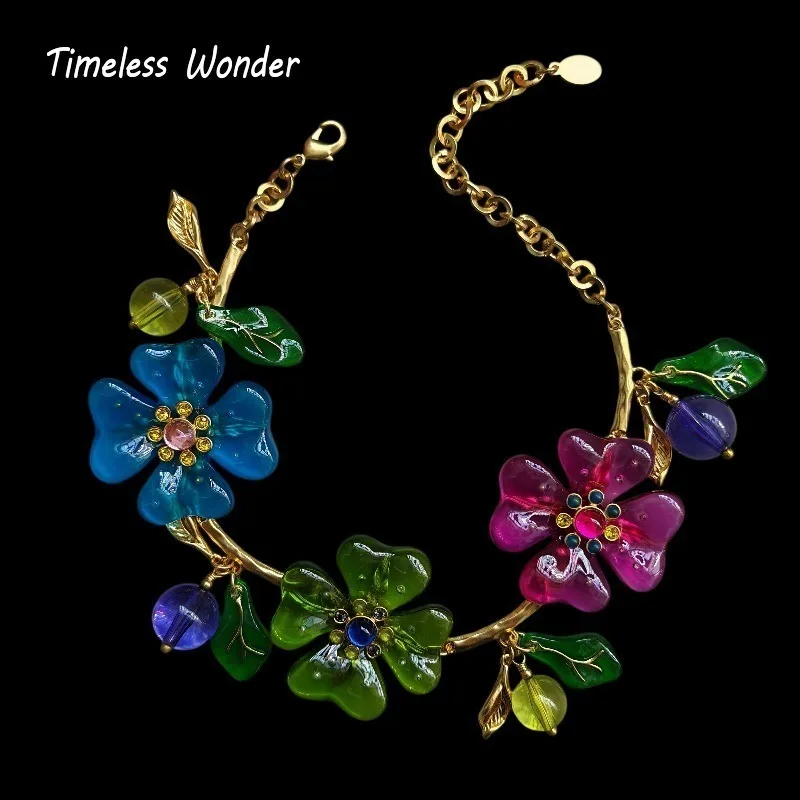 Timeless Wonder Fancy Geo Glass resin Floral Pave Chains Necklace Women Designer Jewelry Top Rare Trendy Classy Vintage 4612
